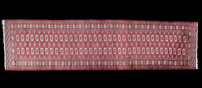 Hand-Knotted Bohkara Runner ~ 10' L. Hand-knotted Bohkara runner with repeating pattern in red 