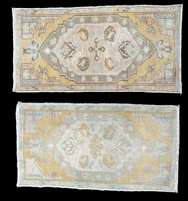 2 Small Turkish Area Rugs / Mats. 2 small-scale Turkish mats, each in cream tones with geometric 