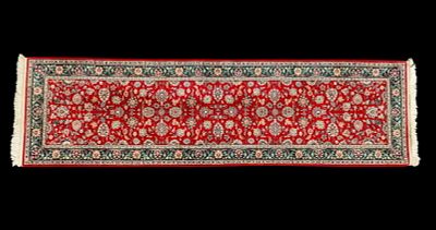Persian Floral Runner Rug ~ 9' L. Persian runner wool rug with repeating floral design, green 