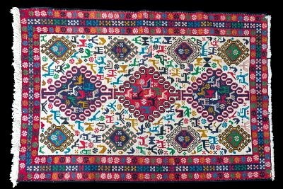 Handmade Kilim Sumak Rug w/ Tribal Design. Handmade Kilim Soumak area rug with tribal design. 