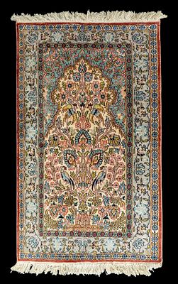 Handmade Oriental Silk Prayer Rug. Small-scale handmade oriental silk rug with intricate floral 