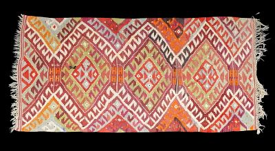 Turkish Multicolor Kilim Area Rug. Turkish Kilim with repeating multicolor diamond pattern. 