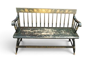 Early Stenciled Back Settle Bench. Early wooden stenciled back settle bench with floral 