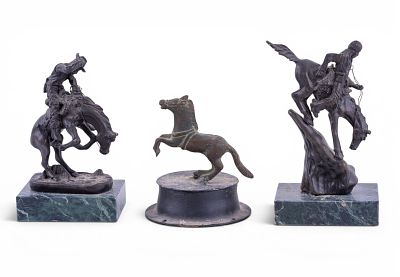 3 Bronze Western Sculptures, Remington. Group of three bronze sculptures including two Western 