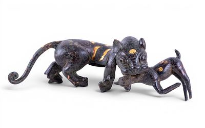 Chinese Bronze Feng Shui Pixiu Figurine. A Chinese hollow bronze Feng Shui Pixiu figurine 