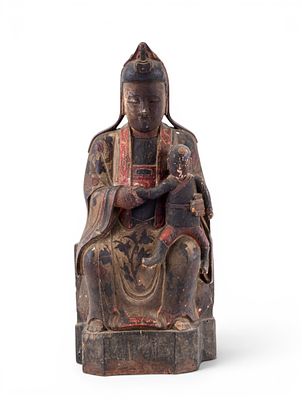 Antique Chinese Guan Yin Figure w/ Child. Large at approx 21" H, Chinese carved wooden temple 