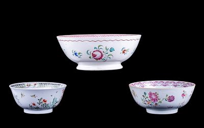 Famille Rose Porcelain Bowls (3). An early hand painted Chinese export Famille Rose bowl, a 