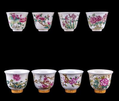 Chinese Porcelain Teacups (8). Collection of eight Chinese porcelain teacups featuring famille 
