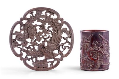 Chinese Phoenix and Peony Wall Plaque, Brush Pot. Lot comprising a Chinese circular wooden wall 
