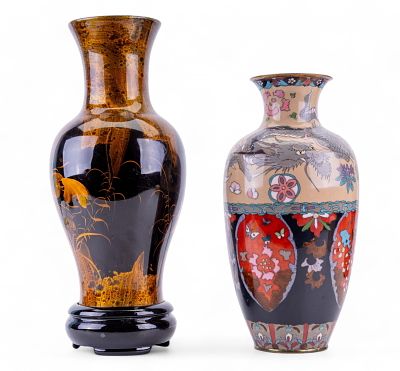 Vintage Cloisonne, Lacquered Wood Vases (2 Pc.). A vintage cloisonne vase measuring approx. 12" 