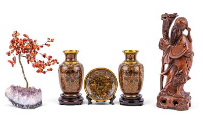 Carved Wood Shou Lao, Cloisonne, and Stone Tree. A carved Chinese hardwood figurine depicting 