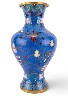 Vintage Chinese Cloisonne Floral, Gourd Motif Vase. Intricate floral and gourd motifs span this 