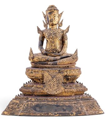 19th C Rattanakosin Bronze Buddha Statue. A 19th C gilt bronze Rattanakosin period Buddha statue 