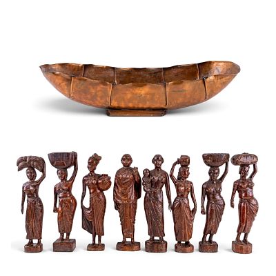 SE Asian Figural Wood Carvings (8pcs), Copper Bowl. Oblong hand-hammered copper centerpiece bowl 