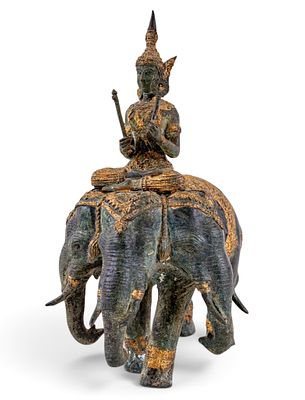 Hindu Gilt Bronze Indra Airavata 3-Headed Elephant. Finely cast Southeast Asian patinated bronze 