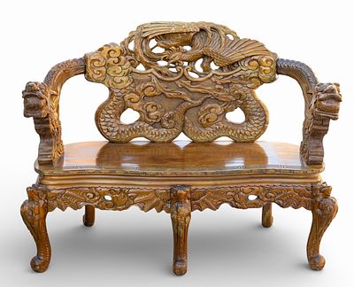 Antique Chinese Carved Settee. Antique Chinese carved settee with high-relief carving throughout 