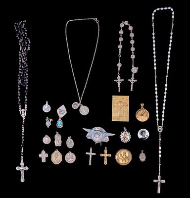 Rosaries and Religious Medallions. A collection of Rosaries, Cross pendants, prayer medallions 