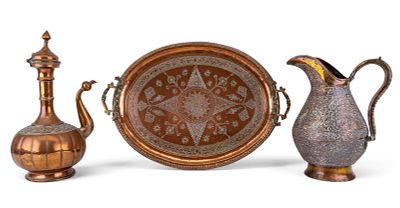 Persian Copper Star Tray, Water Pitcher, Tea Urn. Persian copper serving tray with star 