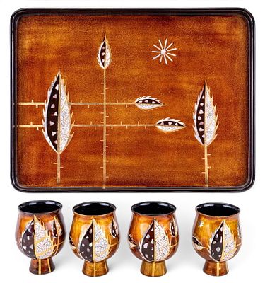 MCM Vietnamese Lacquerware Drink Set. A vintage MCM Vietnamese lacquerware drink set featuring 