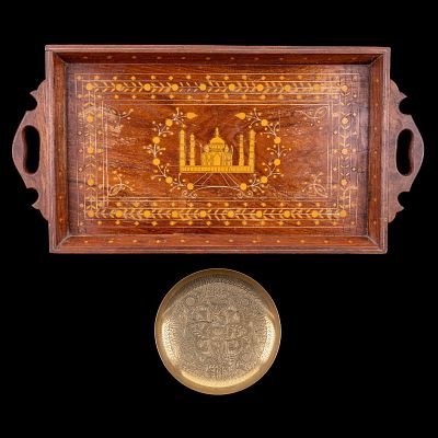 Indian Taj Mahal Wood Serving Tray, Pedestal Dish. Indian wooden serving tray with carved and 