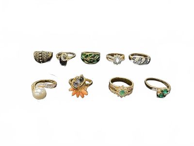 Costume Jewelry Group w/ Rings. Nine gold tone rings, some with colored stones, faux pearls, and 