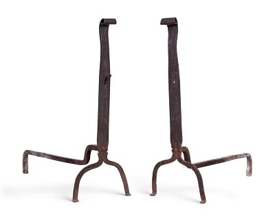 Pr 19th C Wrought Iron Fireplace Andirons. Pair of 19th century wrought iron walk-in fireplace 