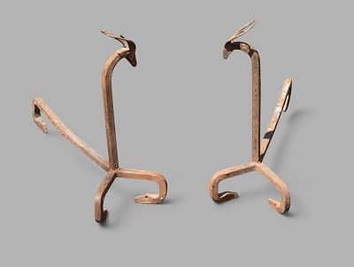 Pair of Early Iron Stag-Form Andirons. Pair of Early iron stag-form Andirons. Attributed to the 