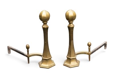 Pair of Brass and Iron Fireplace Andirons. Pair of fireplace andirons featuring tall faceted 