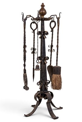 Cast Iron Fireplace Tool Set. Cast iron fireplace tool set comprising a decorative freestanding 