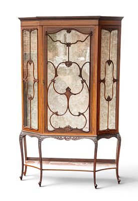 19th C. French Vitrine / China Cabinet. Mahogony with two glass shelves. Fabric lined interior. 