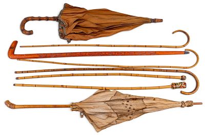 20th C Carnival Canes & Parasols (8pcs). Eight total pieces of vintage carnival souvenir canes 