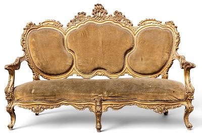 Antique French Louis XV Style Giltwood Settee. Antique French Louis XV style (Rococo Revival) 