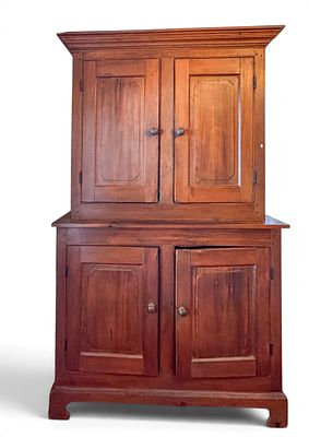 18th C Two-Piece Stepback Cupboard with molded top over base with two blind doors, molded base 