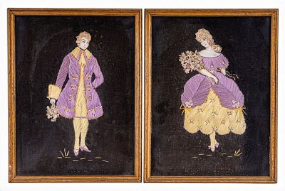Vintage European Mixed Media Art Courtly Pair. A complementary pair of framed mixed media 