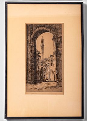 John Taylor Arms "La Torre del Mangia", Etching. Etching by American artist John Taylor Arms 