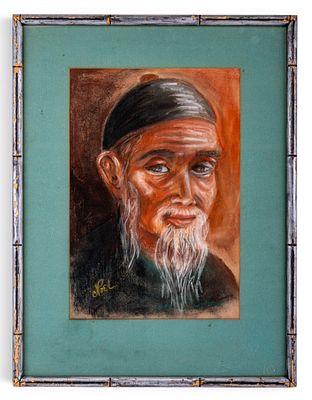 Signed Pastel Drawing of Asian Elder. J. Poel signed pastel art image of a male Asian elder 