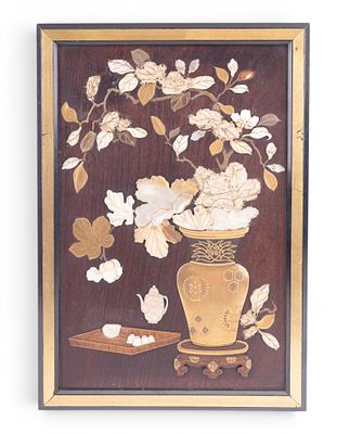 Japanese Shibayama Style Framed Panel. A mother of pearl, brass, and carved wood Japanese 