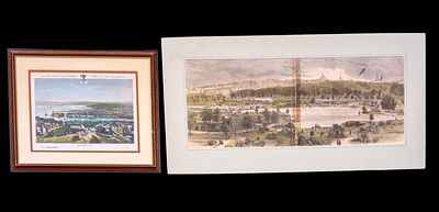 Hand Tinted Etchings (2) Marseille, Boston. A framed hand colored lithographic etching depicting 