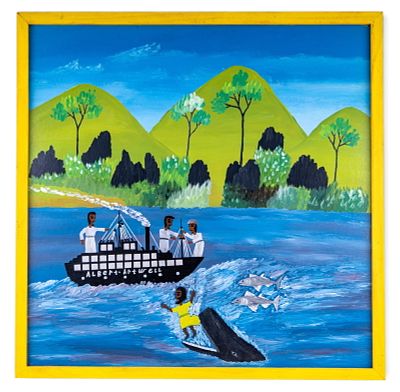 Albert Artwell Jonah and the Whale. Albert Artwell (Jamaican, 1942-2018), painted board 
