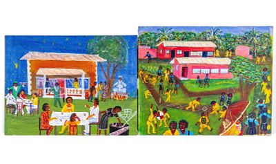 2 Errol Darling Jamaican Folk Art O/c Paintings. Pair of oil on canvas paintings by Jamaican 