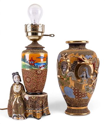 Vintage Japanese Satsuma Dragon Vase & Geisha Lamp. Vintage Japanese export porcelain including 