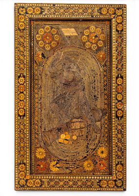 Indo-Nepalese Marquetry Wooden Votive Plaque. An antique wooden devotional/votive plaque 