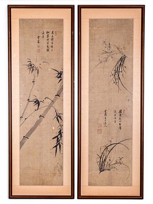 Pair, Antique Chinese Paintings ~4.5' H. Large pair of Antique Chinese framed paintings 