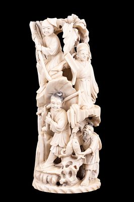 Antique Signed Chinese Carved Bone Sculpture. Antique Chinese carved bovine bone sculpture 
