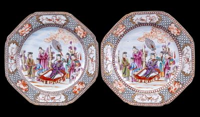 Chinese Export Famille Rose Plates. Chinese export porcelain plates decorated in the Famille 