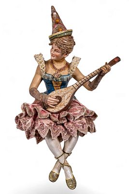 Large European Hand-Painted Carnival Musician Lady. Large-scale earthenware figural sculpture of 