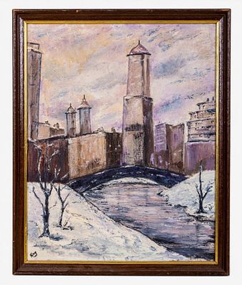 Signed Mid-Century Winter Cityscape O/c. Oil on panel titled "City Towers in Winter, " depicting 