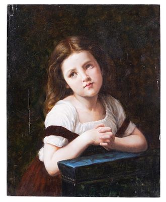 Antique Portrait of Young Girl, Wood Panel. Oil painting on wood panel depicting a young girl 