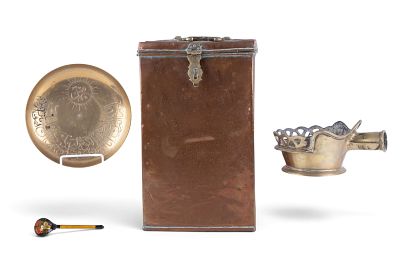 Persian Copper Box w/ Lid + Chinese Charcoal Pan. Four unique pieces total in this lot. Vintage 