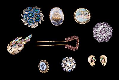 Rhinestone Brooches and Vintage Jewelry. Includes several dazzling rhinestone brooches, one with 